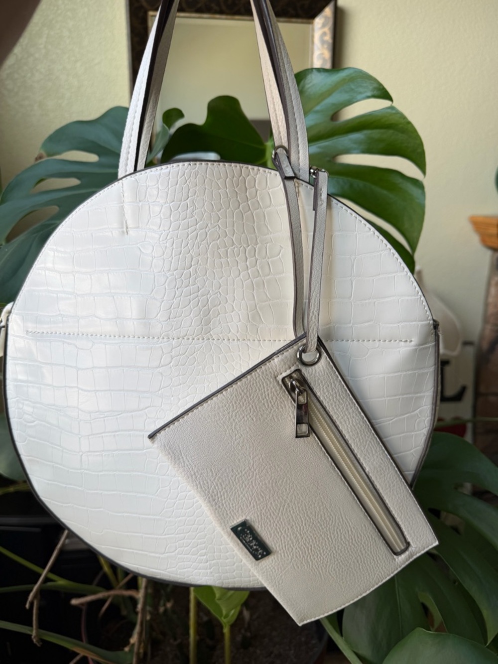 Carlos Santa a White Croc-Embossed Round Tote Bag with Wristlet